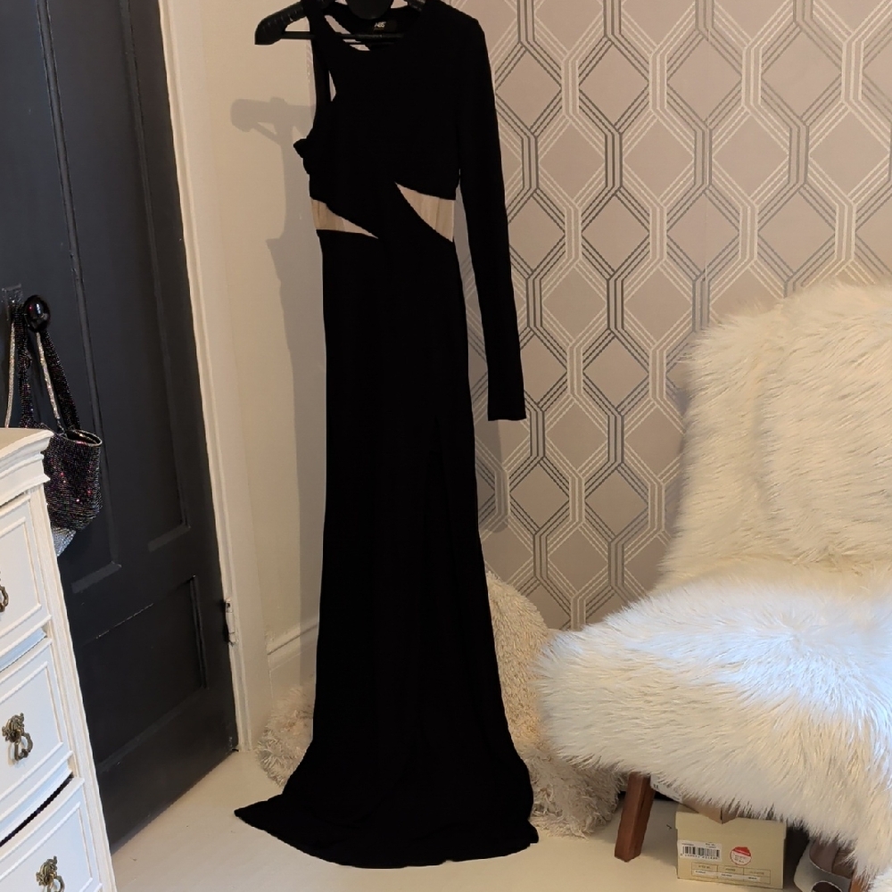 ABS Allen Schwartz One Shoulder Black Evening Gown